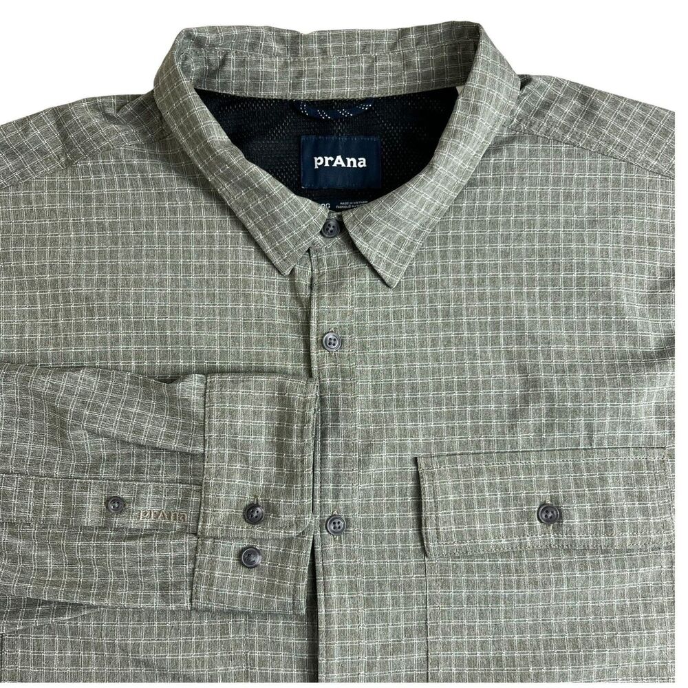 Prana Mens‎ Green Check Polyester Long Sleeve Vented Button Up Shirt XXL